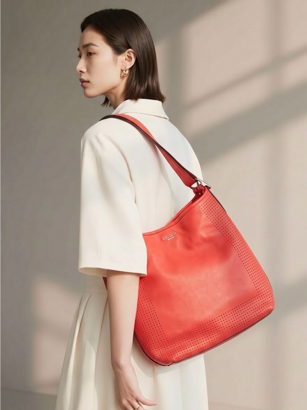 Coach Coral-Red Leather Perforated Shoulder Hobo